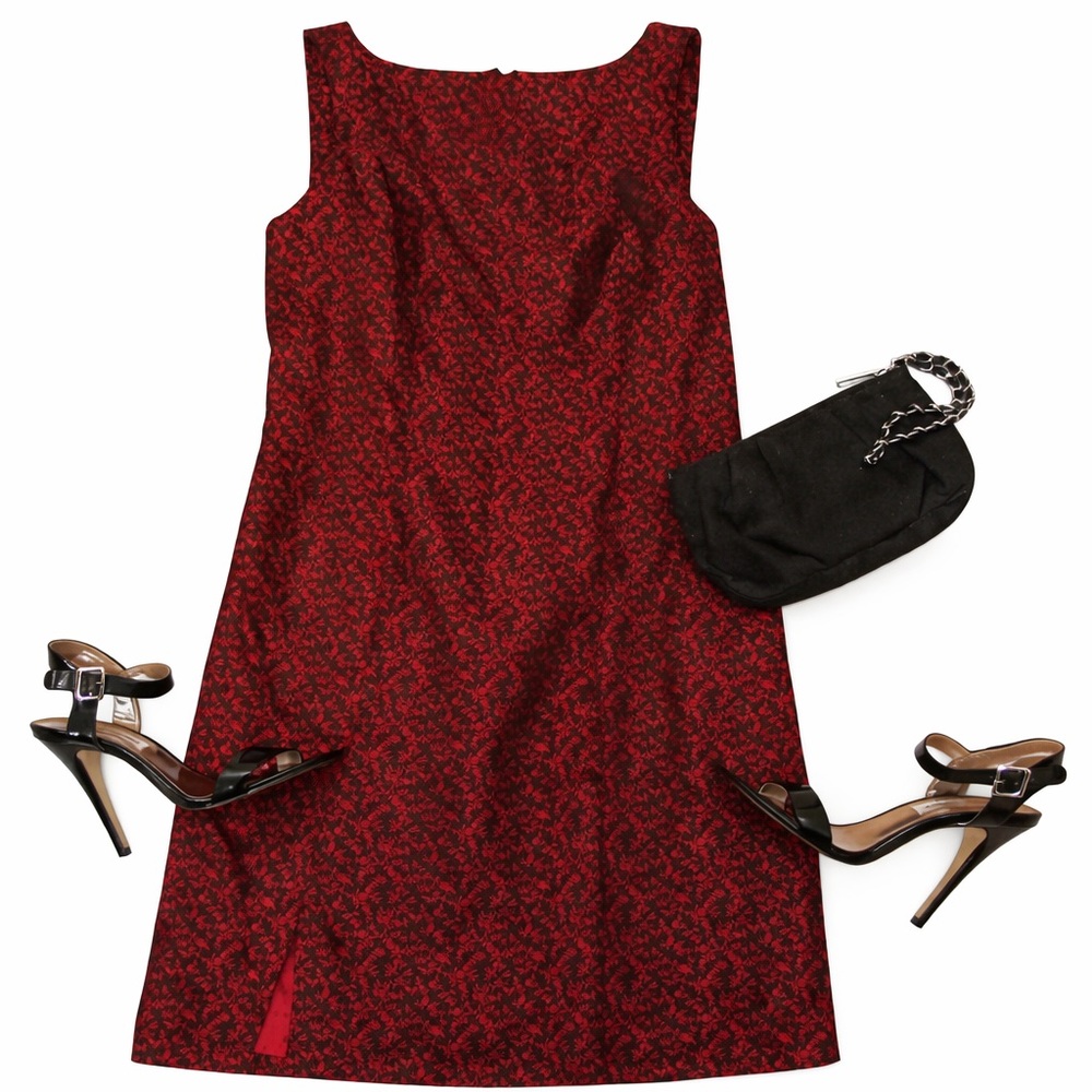 Parallel Red & Black Brocade Cocktail Elegant Sleeveless Party Dress 4